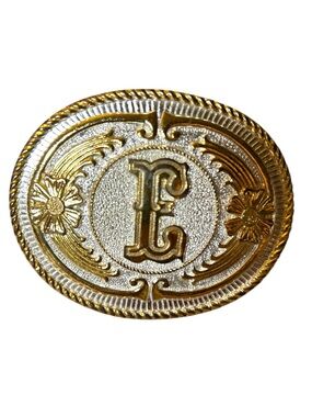 Gold and Silver Western Buckle with Letter E Measures 3’ x 4.’